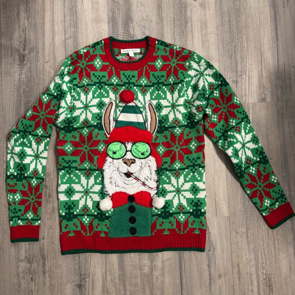 Festive Christmas Green and Red Sweater with Llama and 3D pom-pom elements